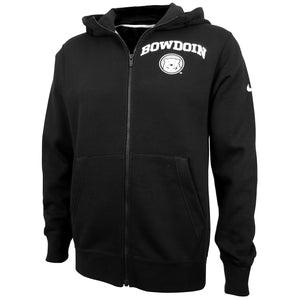 A black full-zip hood with arched BOWDOIN over polar bear mascot medallion on left chest, and Nike Swoosh™ on left arm