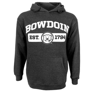 Charcoal hood with white imprint of BOWDOIN over EST. 1794 interrupted by mascot medallion.