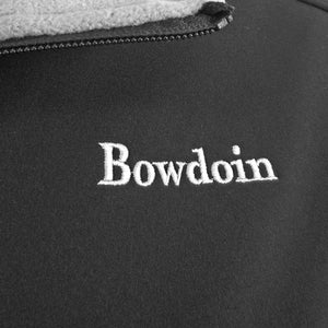 Closeup detail showing quality of white BOWDOIN embroidery on back jacket.