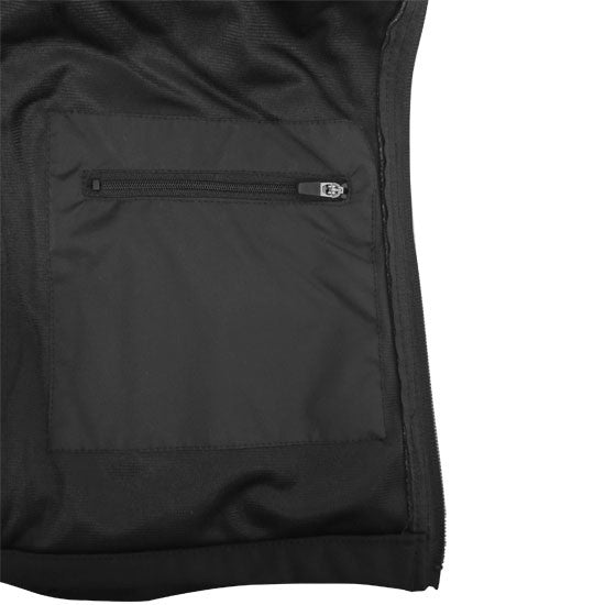 Closeup showing inside pocket of black jacket.