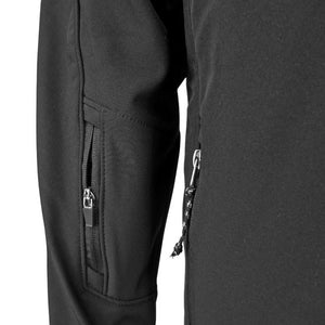 Closeup showing zippered pocket on right sleeve of soft shell jacket.