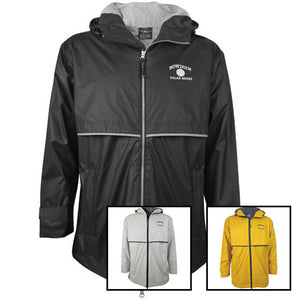 Montage of different colors of Bowdoin raincoats.