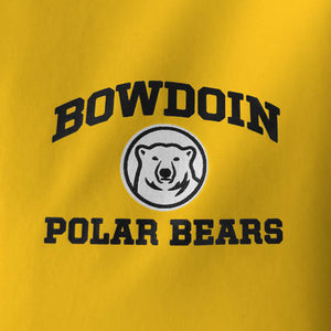 Closeup of imprint on yellow jacket. Black arched BOWDOIN over black and white mascot medallion over the words POLAR BEARS in black.