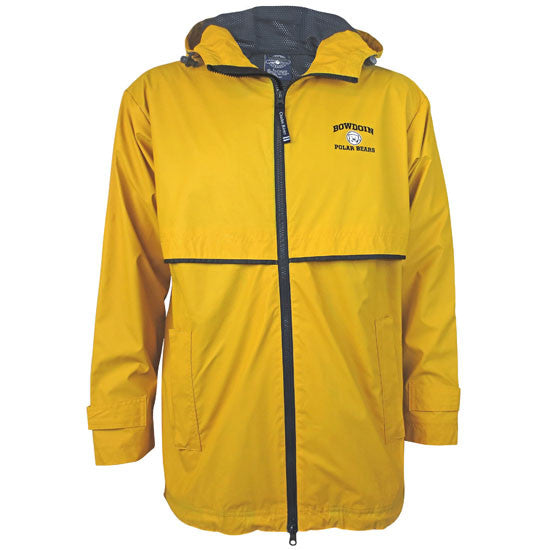 Yellow raincoat with BOWDOIN POLAR BEARS imprint on left chest.