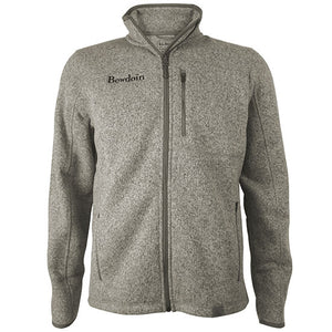 Men's full zip heathered sweater fleece jacket with zippered pocket on left chest and BOWDOIN embroidery in black on right chest.