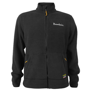 Black full-zip fleece jacket with white BOWDOIN embroidery on left chest and small L.L.Bean logo patch in full color on left pocket. L.L.Bean bootlace-style zipper pulls on pocket and chest zippers.