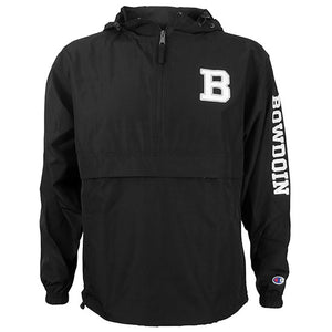 Black hooded 1/2-zip jacket with large B in white with grey stroke on chest, and BOWDOIN print on left arm in white.