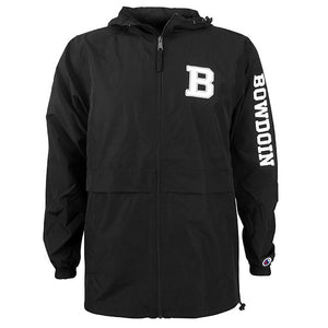 Black full-zip hooded jacket with large imprint of B on left chest in white with grey stroke. White imprint of BOWDOIN on left sleeve.