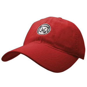 Women's red baseball hat with embroidered Bowdoin polar bear medallion on front.