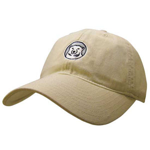 Women's stone colored baseball hat with embroidered Bowdoin polar bear medallion on front.