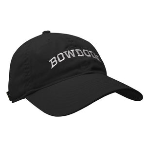 Women's black baseball cap with white arched BOWDOIN embroidery.
