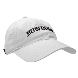 Women's white baseball cap with black arched BOWDOIN embroidery.
