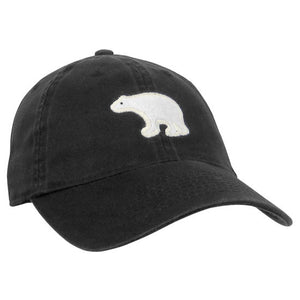 Black baseball hat with white felt polar bear applique.