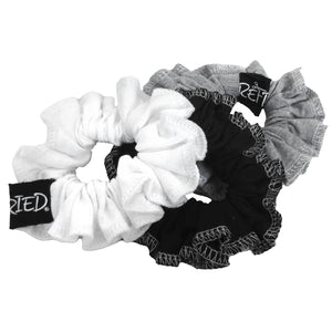 White, black, and grey scrunchies