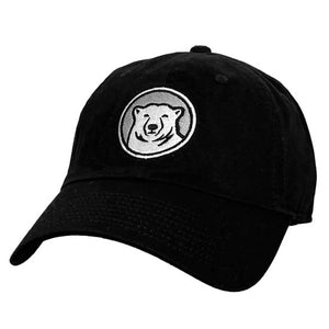 Black baseball cap with embroidered polar bear medallion.
