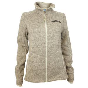 Full-zip oatmeal sweater fleece jacket with black arched BOWDOIN embroidered on left chest.