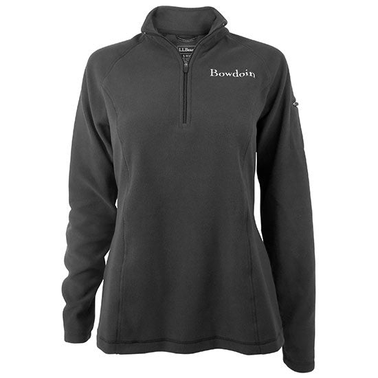 Lightweight women's fleece pullover with white Bowdoin embroidery on left chest and zippered pocket on upper left arm.