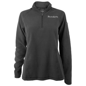 Lightweight women's fleece pullover with white Bowdoin embroidery on left chest and zippered pocket on upper left arm.