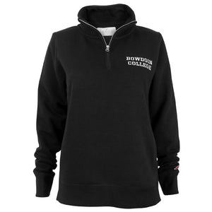 Women's black quarter zip sweatshirt with BOWDOIN COLLEGE embroidery on left chest.