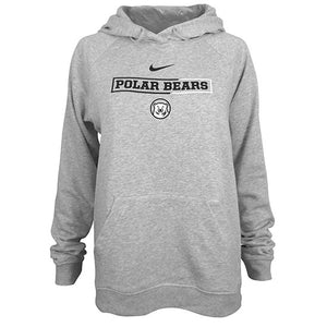 Heather gray hood with chest imprint of black Nike swoosh over Polar Bears in black inside a half-black, half-white box, over a Bowdoin polar bear mascot medallion.