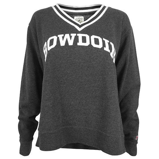 Charcoal grey crew sweatshirt with ribbed V-neck in black and white. White arched Bowdoin on chest.