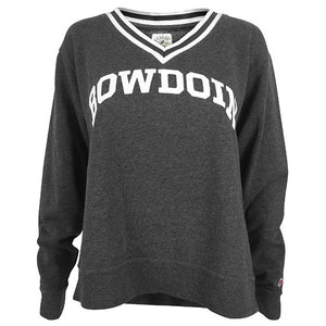 Charcoal grey crew sweatshirt with ribbed V-neck in black and white. White arched Bowdoin on chest.