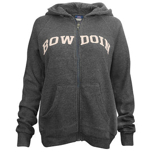 Women's charcoal full zip hood with ivory BOWDOIN applique arched on chest.
