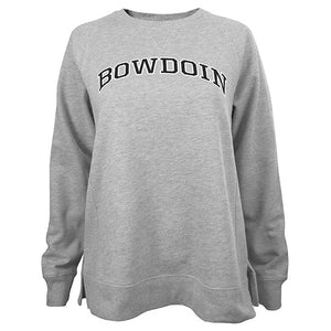 Women's relaxed fit crew sweatshirt with vented sides and arched BOWDOIN chest imprint in black with white outline.