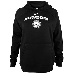 Black pullover hooded sweatshirt with white chest imprint of Nike Swoosh over arched BOWDOIN over polar bear mascot medallion.