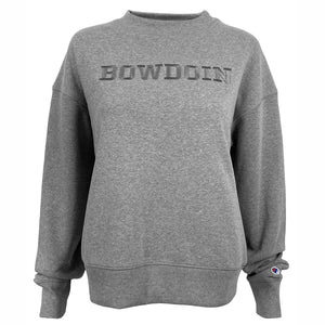 Women's loose-fit crew sweatshirt in grey heather with grey BOWDOIN embroidery on chest.
