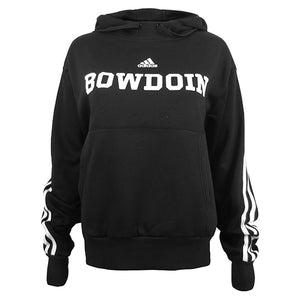 Black pullover hood with white stripes on sleeves, white BOWDOIN imprint on chest.