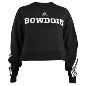 Women's black cropped crewneck sweatshirt with signature white triple-stripe across shoulders and down sleeves, white BOWDOIN chest imprint under Adidas logo