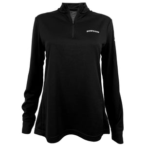 Black 1/2 zip top with embroidered arched BOWDOIN on left chest in white.
