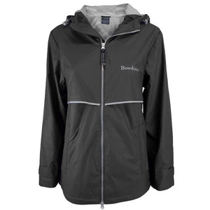 Women's black raincoat with silver reflective trim and Bowdoin imprint on left chest.