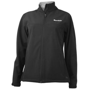 Women's black soft shell jacket with white Bowdoin embroidery on left chest.