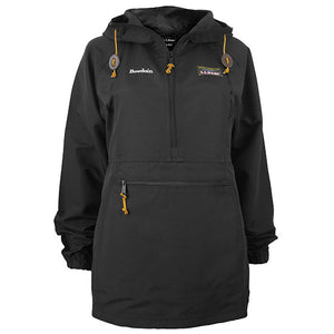 Women's pullover black anorak with embroidered white BOWDOIN wordmark on right chest and L.L.Bean logo patch on left chest.