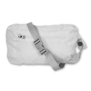 White fanny pack with silver webbing strap with gray plastic closure and zippered front pocket.