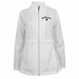Women's white jacket with collar and hood. Black arched BOWDOIN over B imprint on left chest.