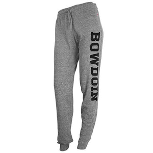 Women's relaxed lounge pants in heather gray with black BOWDOIN imprint down left leg.