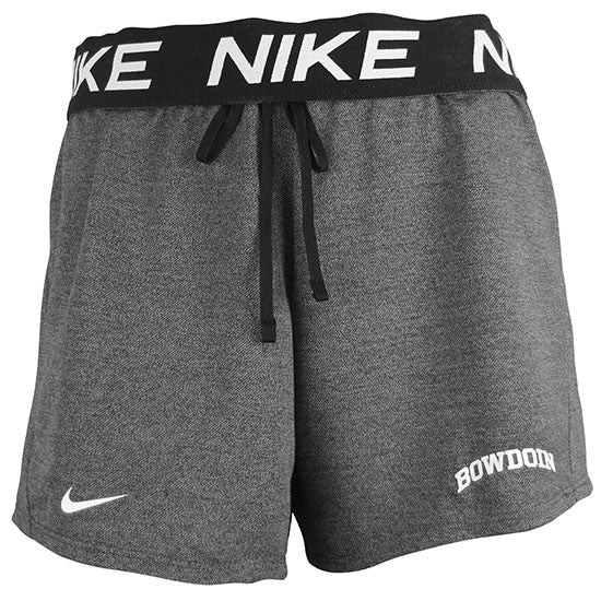 Heathered black shorts with fold-down black waistband with repeating NIKE in white. Black drawstring waist. White Nike Swoosh on right leg near hem, white arched BOWDOIN on left leg near hem.