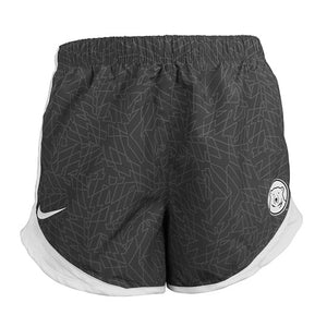 Charcoal grey shorts with geometric pattern of light grey lines. White mesh side panels, Nike Swoosh on right thigh hem, polar bear medallion on left thigh hem.