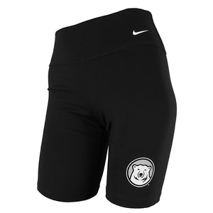 Women's tight compression shorts with Bowdoin mascot medallion on left leg and white Nike Swoosh on left waist.