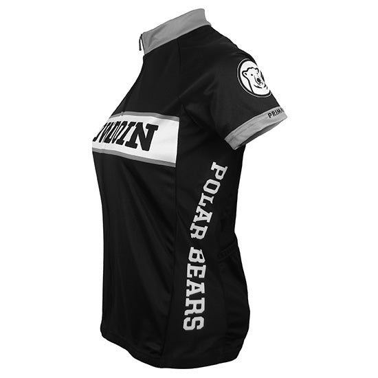 Side view of women's cycling jersey showing polar bear medallion on shoulders, POLAR BEARS on side.