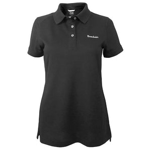 Women's black polo shirt with white embroidered Bowdoin on left chest.