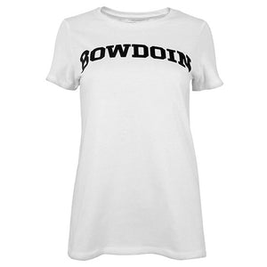 White short sleeved t-shirt with black arched BOWDOIN imprint on chest.
