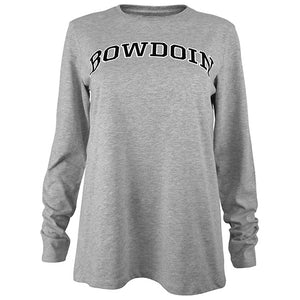 Loose women's long sleeved heather grey t-shirt with Bowdoin imprint on chest in black with white stroke outline.