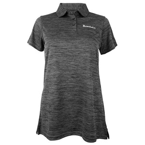 Women's charcoal twist-dyed polo shirt with white Bowdoin embroidery on left chest.