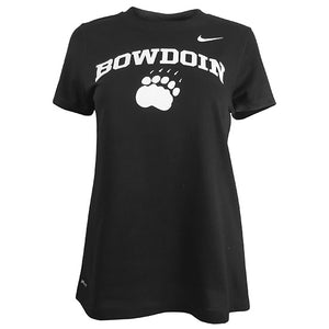 Women's relaxed fit black short-sleeved T-shirt with white imprint of BOWDOIN arched over a polar bear paw print. There is a small Nike Swoosh on the left shoulder of the shirt.