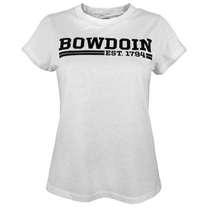 White crewneck T-shirt with black chest imprint of Bowdoin over two lines, interrupted by EST. 1794.
