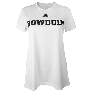Women's white short sleeved tee with black chest imprint of Adidas logo over BOWDOIN